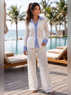 🌟B689. Stylish Lace Two Piece Set with Blue Trim